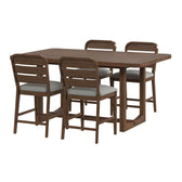 Glinda 5 piece counter height set in brown, table with four ladder-back chairs, light grey seats, angled view