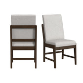 Brisbane dining side chairs in beige boucle, back and angled front views, dark wood frames