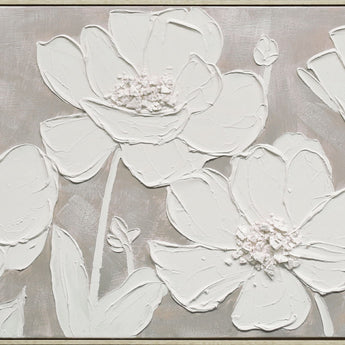 "Textured Blossoms" Hand-Painted Canvas In Frame - White / Gray