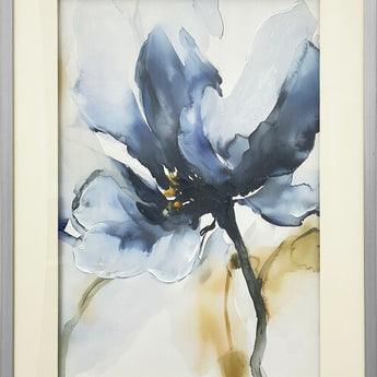 "Mystic Blossom" Hand-Embellished Framed Under Acrylic - Blue / Taupe / Silver