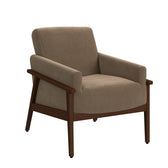 Ava arm chair in Langley Cocoa fabric with cherry finish wood frame, angled front view