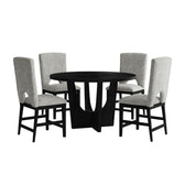 Oregon counter height dining set with black round wood top, sculptural black base and four grey fabric chairs