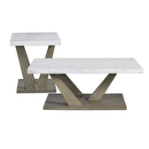 Greta coffee table and square end table together, white marble tops on gray angled wood bases