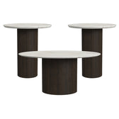 Sylvie 3 piece set in dark brown: white faux marble coffee table with two end tables, front view