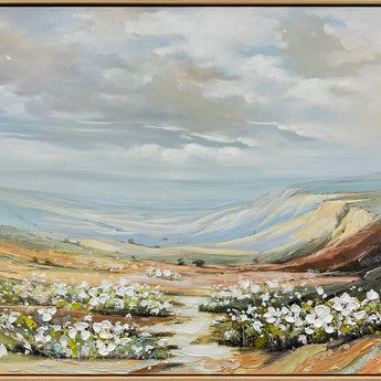 Wildflower Valley Hand-Embellished Canvas In Frame - Light Natural Wood / Blue-Gray