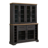 Montrose server and hutch in espresso with brown tops, angled view showing glass doors and side wine racks