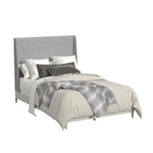 Westland upholstered bed with grey fabric wing headboard and almond finish frame, angled front view