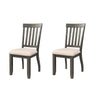 Two Stone side chairs in smokey walnut finish with slat backs and taupe upholstered seats, front angle view