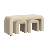 Seqouia bench with two matching stools tucked underneath, cream channel tufted fabric, angled view