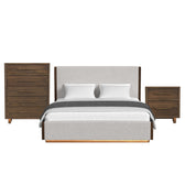 Brisbane 3 piece set front view: beige boucle upholstered bed, brown walnut chest and two-drawer nightstand