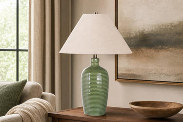 "Verdant Elegance" Ceramic Table Lamp (Set of 2) - Sage Green / Asb