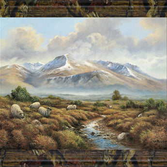 Woolly Grazing Vista - 28" x 34" Framed Wall Art - Light Brown