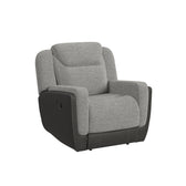 Hornet glider motion recliner in Rancho Grey, angled front view showing light gray fabric and dark gray sides