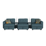 Front view of the Options One 8-piece teal sectional: two chairs, an armless chair, two media consoles and three ottomans