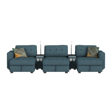 Front view of the Options One 8-piece teal sectional: two chairs, an armless chair, two media consoles and three ottomans