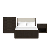 Dark Brown Sylvie five-drawer chest, upholstered bed and one nightstand with open shelf, front view