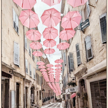 Pink Umbrellas Promenade Gloss Canvas In Frame - Pink / Ivory