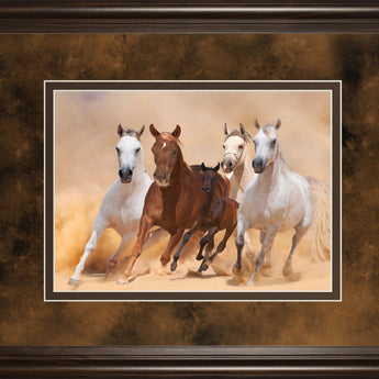 Horses In Dust By Loya_ya - Framed Print Wall Art - Dark Brown