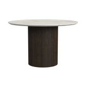 Sylvie round dining table, white faux marble top on fluted dark brown cylindrical base, front view