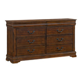 Northridge dresser in cherry finish, angled front view showing drawers with antique style dark metal pulls