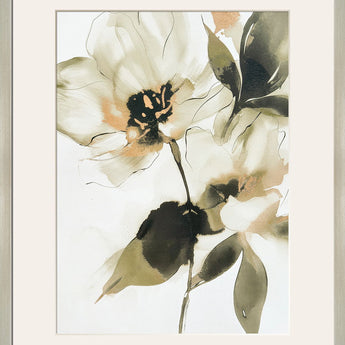 "Whispering Petals I" Framed Canvas Under Acrylic - Beige / Cream / Olive