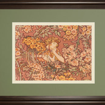 Redhead Among Flowers By Alphonse Mucha - Framed Print Wall Art - Pink