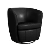 Vito swivel chair in Pebble Black faux leather, angled front view with curved barrel back and metal base
