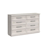 Avalanche 8-drawer dresser in antique white, angled view showing paneled drawer fronts and textured metal pulls