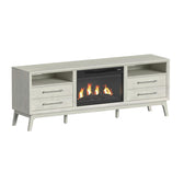 Westland TV console in Almond, angled view with black fireplace insert glowing in the center bay