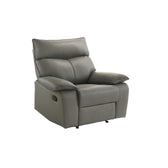 Wildcat motion recliner in gray leather, angled front view with side recline handle and pillow top arms