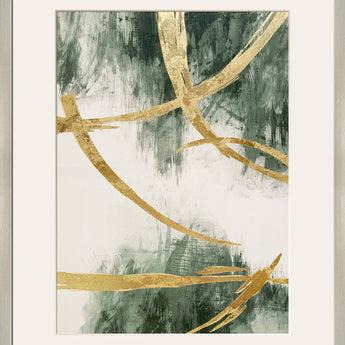 "Golden Strokes I" Hand-Embellished Canvas Framed Under Acrylic - Gold / Green / White