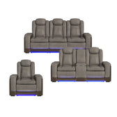 Lantana power reclining sofa, loveseat and recliner in gray and brown faux leather, front view with blue LED lighting