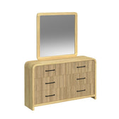 Ridgemont dresser and mirror set in natural finish with rounded mirror frame, angled view