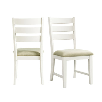 Two Park Creek slat back side chairs in cottage white with taupe upholstered seats, front and angled views