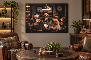 The Canine Card Club - 48 X 36 - Hand-Embellished Canvas In Frame - Black, Brown, Amber