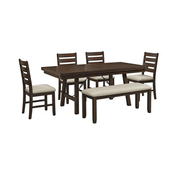 Jax 6 piece dining set in cherry with table, four ladder back chairs and taupe cushioned bench