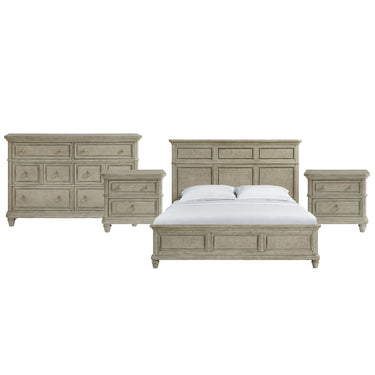 Whit-Ash light grey six-drawer dresser, two nightstands and three-panel headboard bed, front view