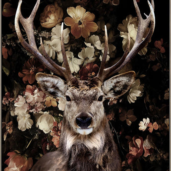 Majestic Stag Florals - 36" x 48" Framed Wall Art - Dark Brown