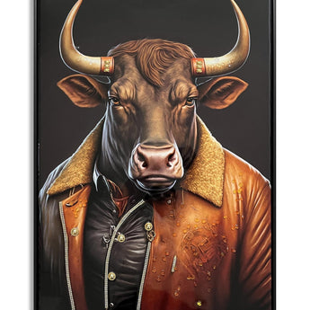 Bull in Vintage Jacket - 21" x 29" Framed Wall Art - Dark Brown