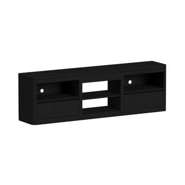 Wider Rosalie TV console in Black finish without insert, angled view with shelved center bay and two drawers