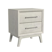 Westland 2-drawer nightstand in almond, angled view showing two drawers, metal bar pulls and tapered legs