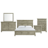 Whit-Ash light grey dresser with mirror, three-panel headboard bed, nightstand and five-drawer chest, front view