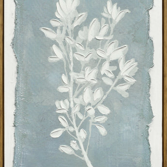 "Whispering Blooms II" Hand-Embellished Canvas In Frame - Blue / White / Wood