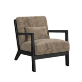 Marina arm chair in Light Brown fabric with kidney pillow and dark espresso frame, angled front view