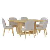 Rosalie 7 piece dining set in Natural, rectangular table with six light gray upholstered side chairs, angled view