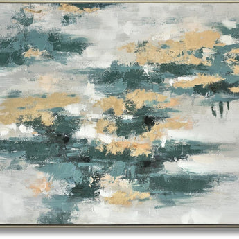 Verdant Gold Drift - 39" x 59" Framed Wall Art - Light Blue