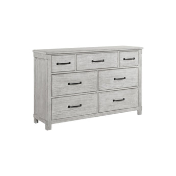 Scott 7-drawer dresser in White washed distressed finish, angled front view with black metal pulls