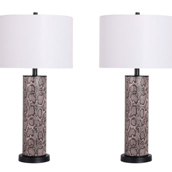 "Serpent Elegance" Faux Leather Table Lamp With Metal Base (Set of 2) - Snake Skin / Asb Gray