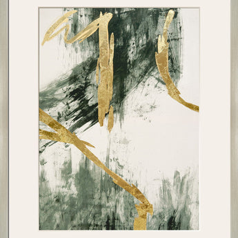 "Golden Strokes II" Hand-Embellished Canvas Framed Under Acrylic - Silver / Green / Gold
