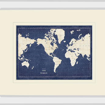 Blueprint World Map V2 By Sue Schlabach Mirrored Frame - Blue